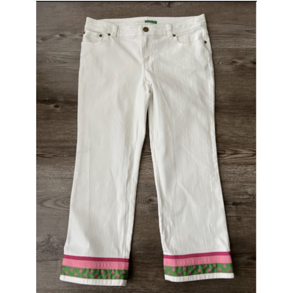 Lilly Pulitzer Palm Beach Fit Cropped Jeans Womens 6 White Ribbon Trim Preppy